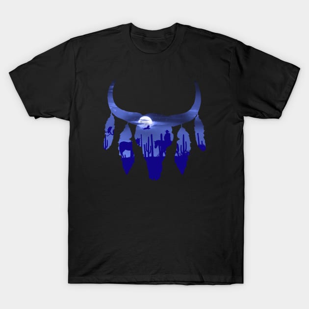 Cow Skull, night in the desert, tribal, american, cowboys, boho, bull skull T-Shirt by Collagedream